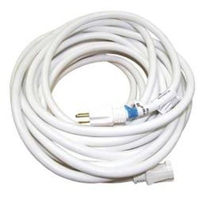 A white extension cords lays curled like a snake.