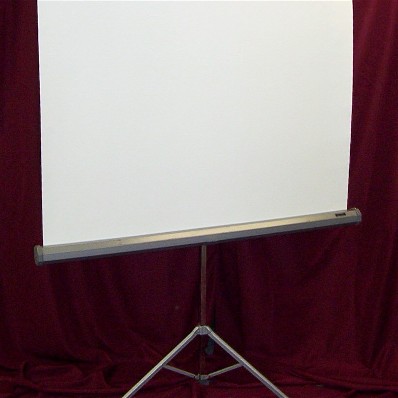 The bottom portion of a projection screen is visible, along with it's tripod in front of a burgundy background..